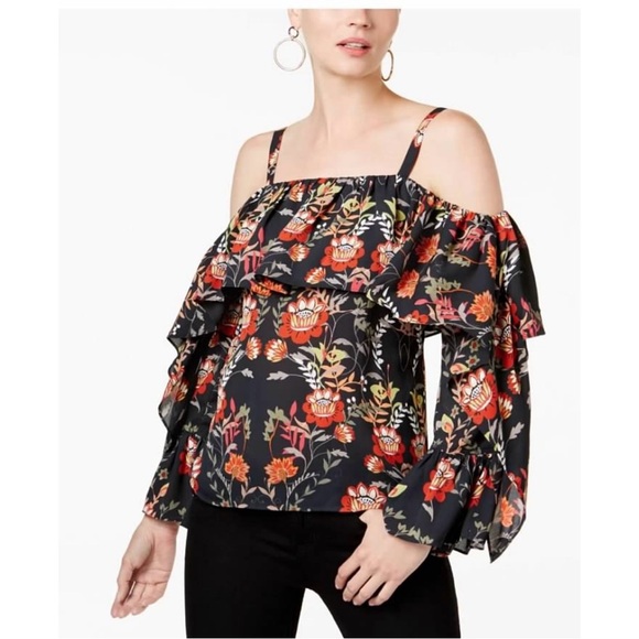 INC International Concepts Tops - INC International Concepts Black Floral Ruffled Blouse